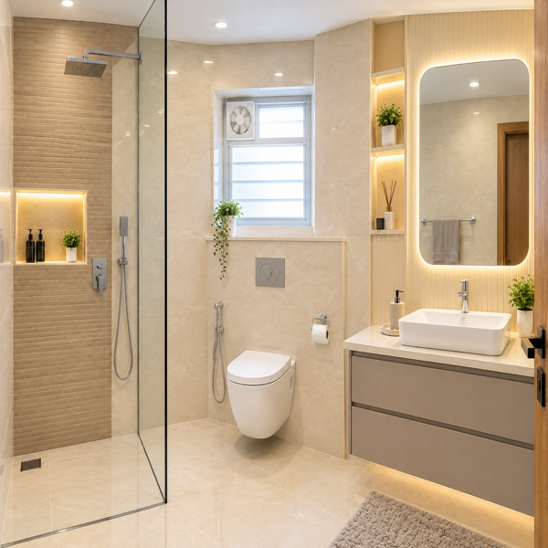 Modern bathroom, luxury bathroom interior, contemporary bathroom, elegant bathroom design, beige marble tiles, wall-mounted toilet, glass shower enclosure, rainfall shower, modern vanity, illuminated mirror, LED mirror lighting, floating bathroom cabinet, premium sanitaryware, spacious bathroom, stylish washroom, luxury apartment bathroom, contemporary interiors, warm lighting, sleek fixtures, modern faucet, built-in shower niche, decorative shelves, indoor plants, clean bathroom, polished floor tiles, premium bathroom design, sophisticated interior, minimalist bathroom, modern Indian bathroom, upscale home, elegant vanity unit, large mirror, glass partition, rainfall showerhead, wall-mounted basin, luxury residential interior, designer bathroom, high-end apartment, modern home design, beautiful bathroom, refined interiors, premium fixtures, contemporary architecture, stylish washroom design, clean flooring, modern lifestyle, luxury property, elegant bathroom interior, premium residential design, sophisticated home.